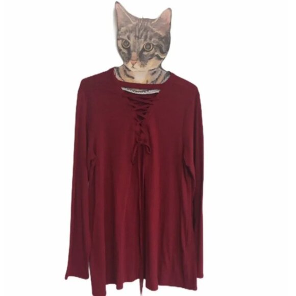 Andree by Unit Lace Up Top Large Burgundy - Picture 2 of 5